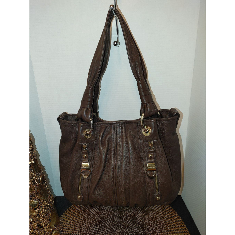 b. makowsky Brown Leather Shoulder Bag with Gold Hardware